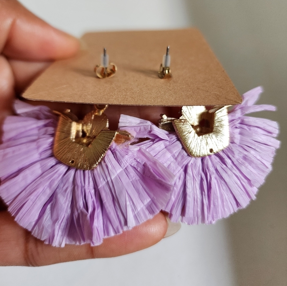 NWOT Paper Purple and Pink Floral Fan Shape Dangling Stud Earrings - Picture 9 of 13